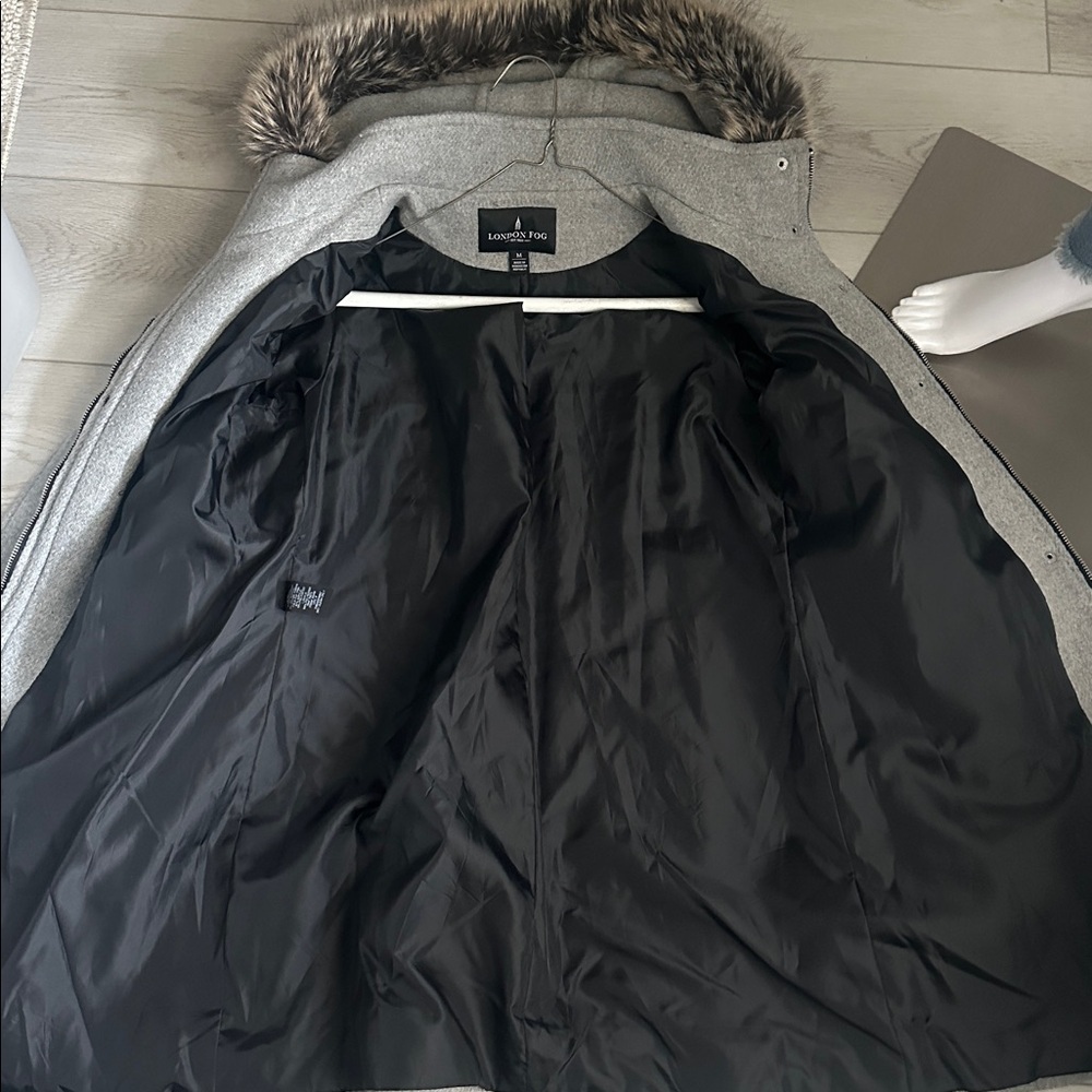 London Fog Women's Gray Hooded Trench Coat with Faux Fur Trim - Picture 6 of 6